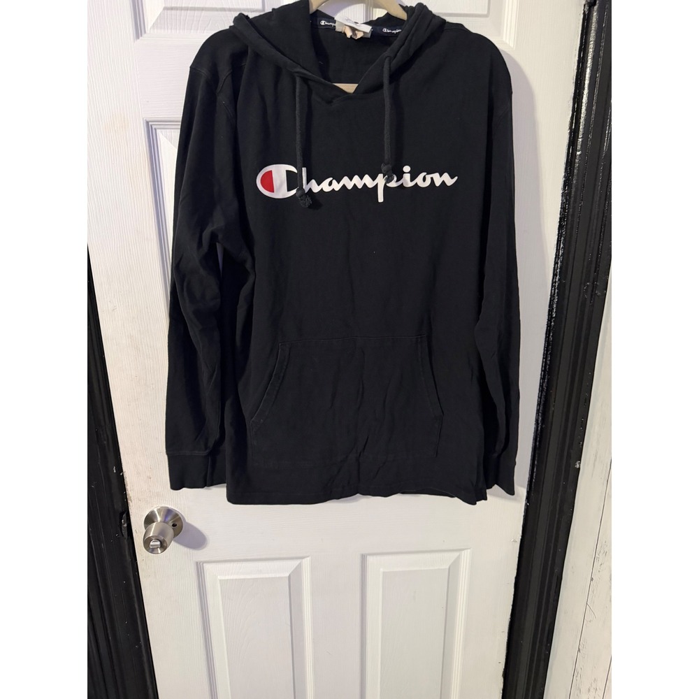 Champion Mens Black Script Logo Lightweight Jersey Hoodie XL